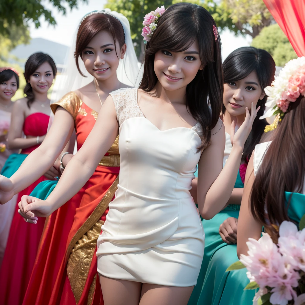 4 beautiful Indonesian women in transparent mini dresses,g-strings,taking photos at a wedding, bride and groom,smiling at audience,bangs, at the park, best quality,4k,8k,highres,masterpiece:1.2,ultra-detailed,realistic,photorealistic,photo-realistic:1.37,HDR,UHD,studio lighting,ultra-fine painting,sharp focus,physically-based rendering,extreme detail description,professional,vivid colors,bokeh,portraits,photography