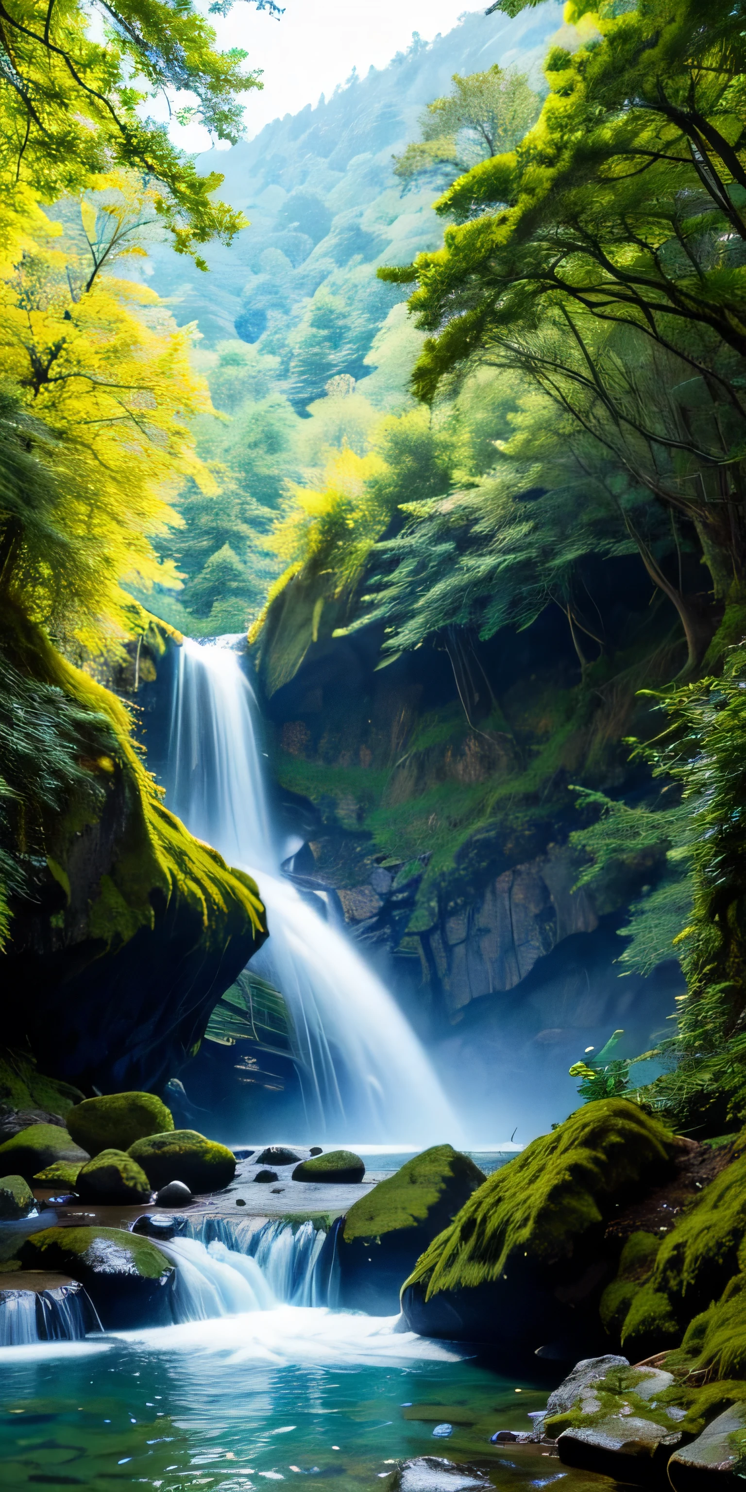 (Ultra-wide-angle lens), (finest masterpiece), 8K, A mysterious ancient city where the mountains and the sea blend together, waterfall, Leafy Tree々, Green leaves, Babbling brook. The images are exquisite and beautiful, Full of sun, All mixed together.