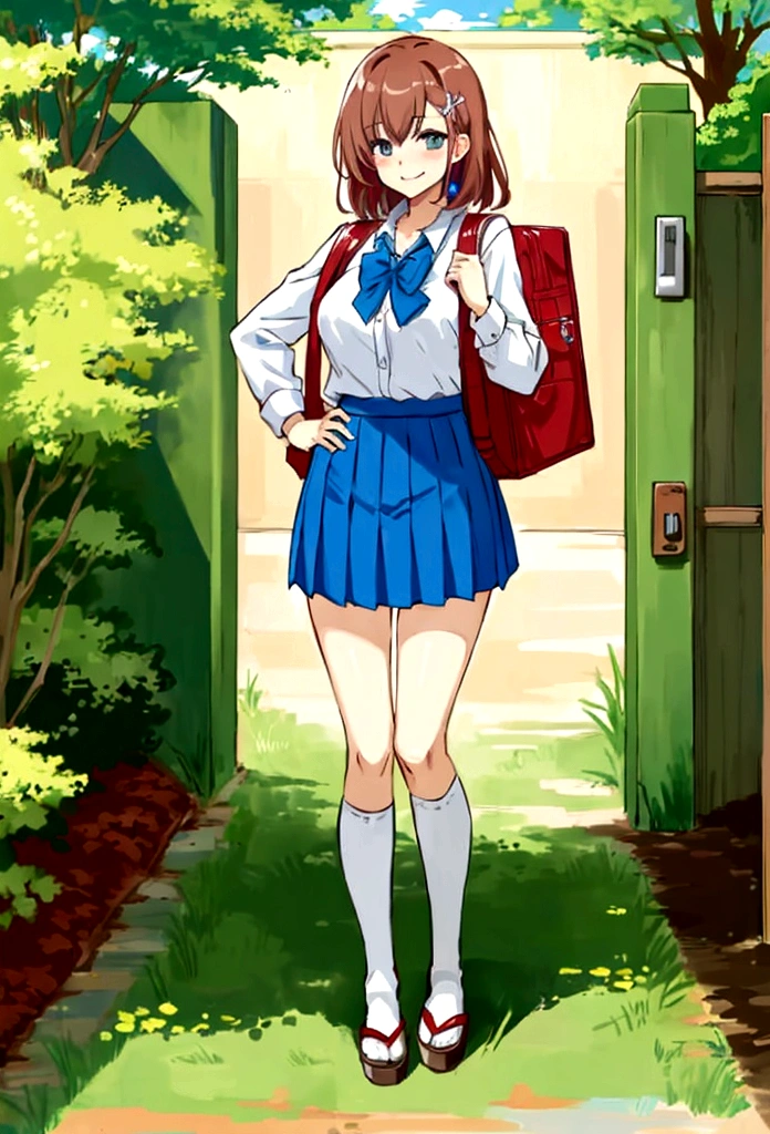(masterpiece:1.2), (best quality:1.3), (highly detailed:1.4),
(character pose: {standing with hands on hips, smiling confidently:1.2}),
(background: {school courtyard with trees and blue sky:1.3}),
(clothing: {traditional Japanese , white blouse, blue skirt:1.2}),
(full body shot:1.5),
(accessories: {school bag:1.1}),
(hair color: {dark brown:1.2}),
(eye color: {hazel:1.2}),
(lighting: {bright and natural:1.3}),
(atmosphere: {cheerful and energetic:1.3})