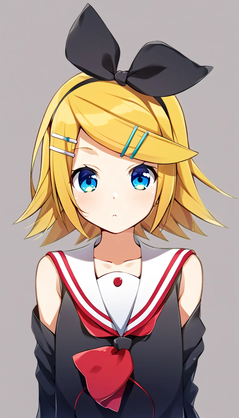 one girl, Kagamine Rin, Vocaloid, blue eyes, simple background, sailor collar, off shoulder, black sleeve, hair clip, hair bow, fourteen years old, cute