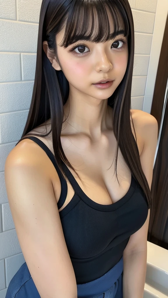 one piece，JoJoJo,One girl, Underarm, Asian, bangs, Bare shoulders, Bathroom, Iris, Black Hair, blunt bangs, chest, brick wall, Brown eyes, Brown Hair,  Sealing, Mouth closed, clavicle, door, indoors, large chest, lips, Long Hair, View your viewers, nose, photograph \(Moderate\), Realistic, alone,, tile張りの床, tile wall, tile, toilet, Upper Body, wall, 