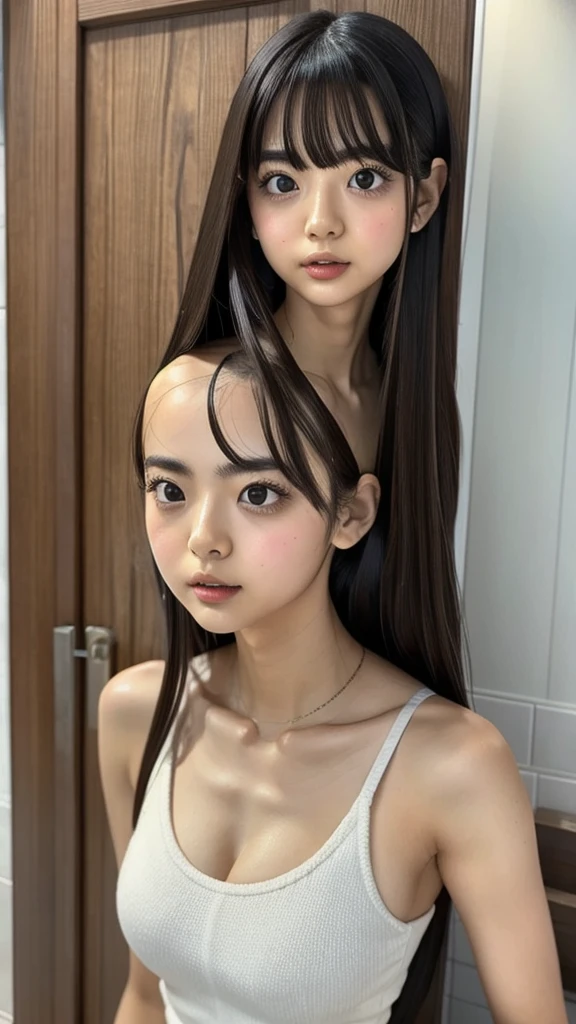 one piece，JoJoJo,One girl, Underarm, Asian, bangs, Bare shoulders, Bathroom, Iris, Black Hair, blunt bangs, chest, brick wall, Brown eyes, Brown Hair,  Sealing, Mouth closed, clavicle, door, indoors, large chest, lips, Long Hair, View your viewers, nose, photograph \(Moderate\), Realistic, alone,, tile張りの床, tile wall, tile, toilet, Upper Body, wall, 