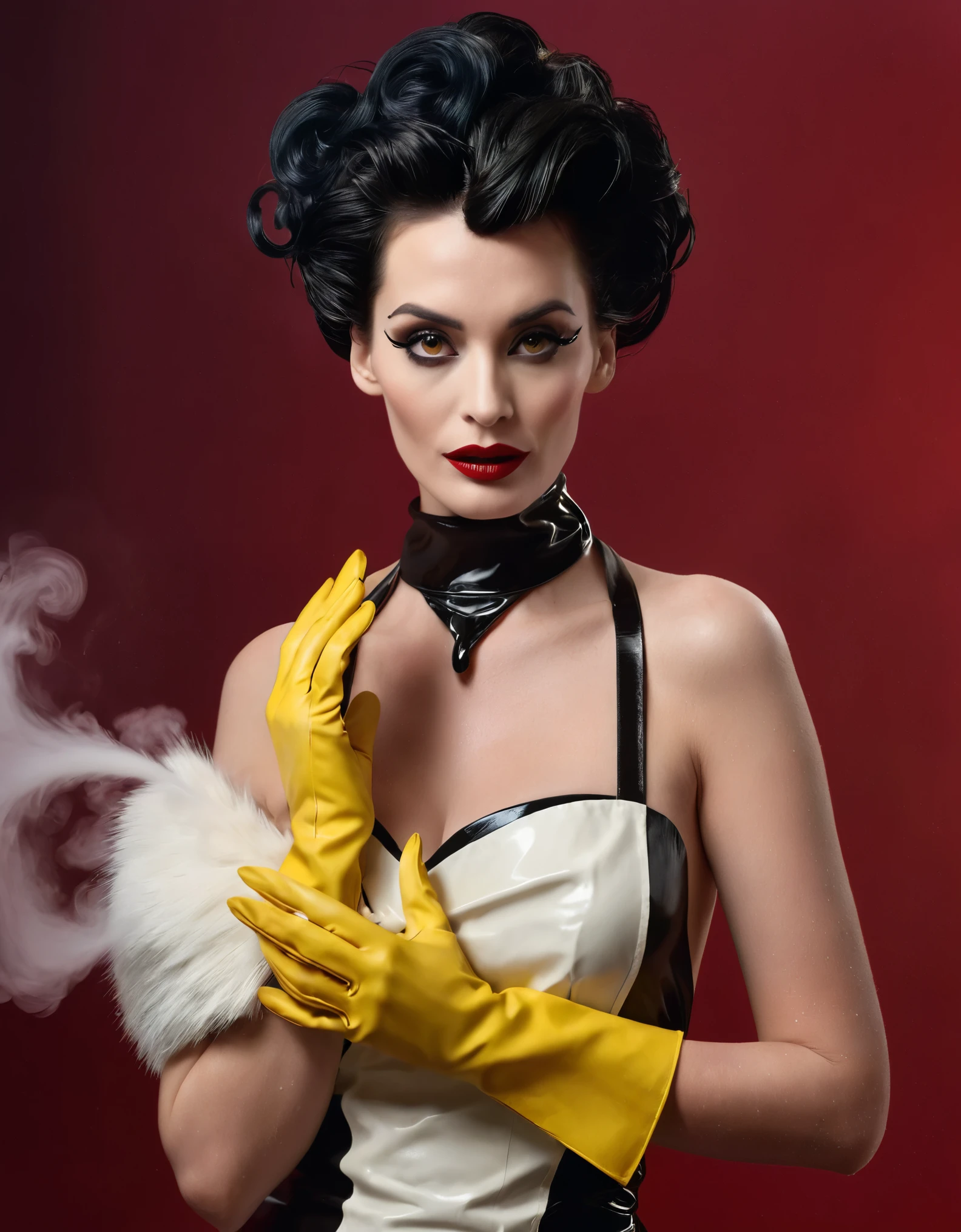 A masterpiece, High resolution, Best quality, very detailed. Cruella. A very magnificent hairstyle. A naked model in a long latex butcher's apron. Hands in yellow gloves on face. An elegant pose. Red, thick smoke in the background.