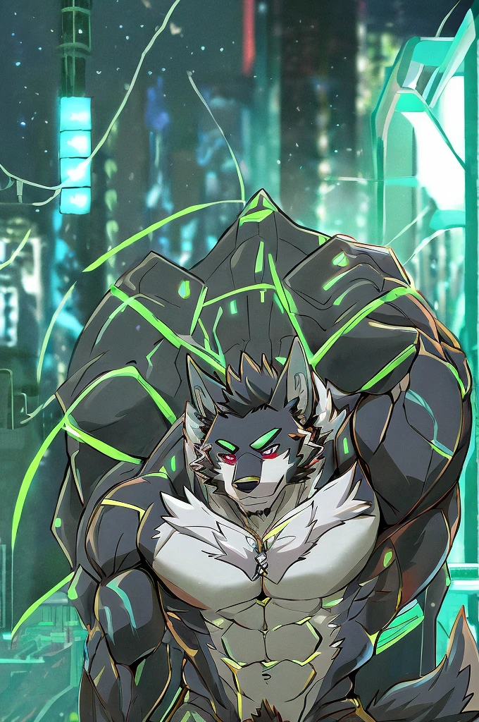 anime - style image of a muscular man with a green glow, concept art by Kamagurka, pixiv contest winner, furry art, muscular werewolf, commission for high res, furry chest, immense detail, muscular! cyberpunk, neon edges on bottom of body, evangelion beast mode, anthropomorphic wolf male, good boy giant mecha wolf hound