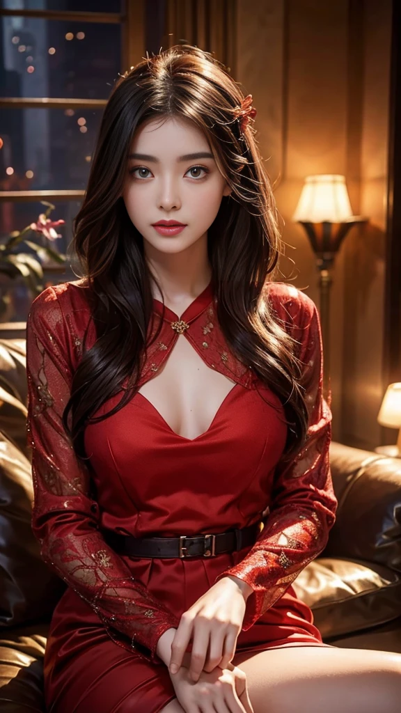 (RAW Photo, Best Quality), (Realistic, Photo Realistic: 1.3), Best Quality, Highly Detailed, Masterpiece, Ultra Detailed, 1 Girl, cowboy shot, Dynamic Angle, Extremely Detailed CG Unified 8k Wallpaper, Amazing, Dynamic Angle, World Mastery Theater, messy_long_hair, Best Quality, detailed eyes、Extremely Detailed CG Unified 8k Wallpaper, Amazing Movie Lights, lens_flare, Detailed Face, sharp facial contours、Beautiful Rendering of Tang Dynasty, (Deliberate expression:1.5), Fireflies, sony master shot, blonde hair and bangs, hi-res screenshot, normal hands, vivid colors, full face shot of limur tempest, nice studio lighting, beautiful fine face, (He is wearing a transparent red silk dress shirt.)、nipple、(The shirt is completely unbuttoned.:1.5)、(not wearing underwear:1.3)、Emphasize the cleavage、Detailed and realistic skin texture:1.2、cowgirl position on the bed、A hotel room