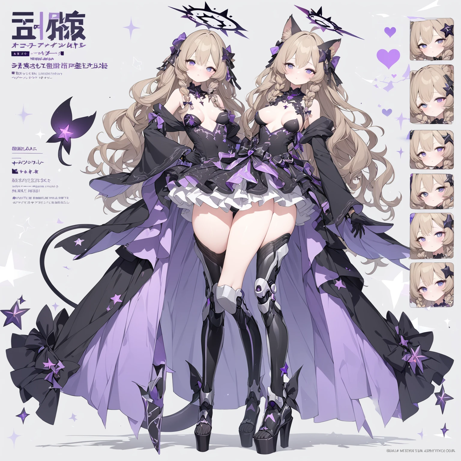 1 girl , long dark blonde hair, slim build, wavy hair with hip length curls, has a short central tuft, She has two short braids on the left and right side of her head..  He has black serval ears with gray and purple on the top of his head. small face. one gray eye and one violet eye, star ribbon on the right and left side of the hair below the serval ears. extremely detailed face, Beautiful detailed eyes, beautiful detailed lips. woman 180 cm tall, adorable, extremely detailed legs, (Best Quality, 4k, 8k, high resolution), ultra detailed, Exquisite and epic character art... (character design sheet: front view), Black platform heels, Elegant One Piece Thigh-Length Dress with Ruffle Skirt and Wide Sleeves. gloves. light gray belt with a large blue heart ribbon,  black necklace with heart emblem on the neck. Has a succubus tail with a purple star tip.. (wide hip). Luminous black halo with purple star patterns above his head... (medium breast size). Thigh High Mechanical Legs in Black and Luminous Purple, (16 year old woman).