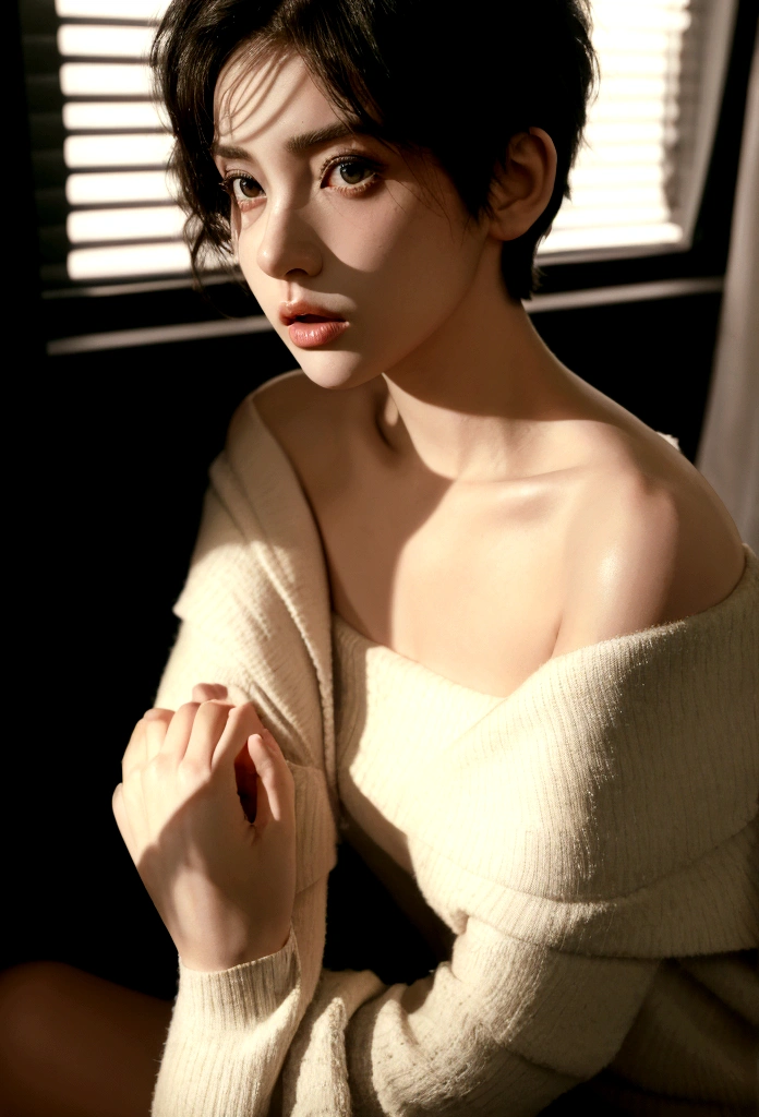 girl wearing off-the-shoulder underwear, short hair, sexy look, in dark environment, deep shadows, low key lighting, , (best quality, masterpiece, ultra-detailed, photorealistic:1.5, raw photo)