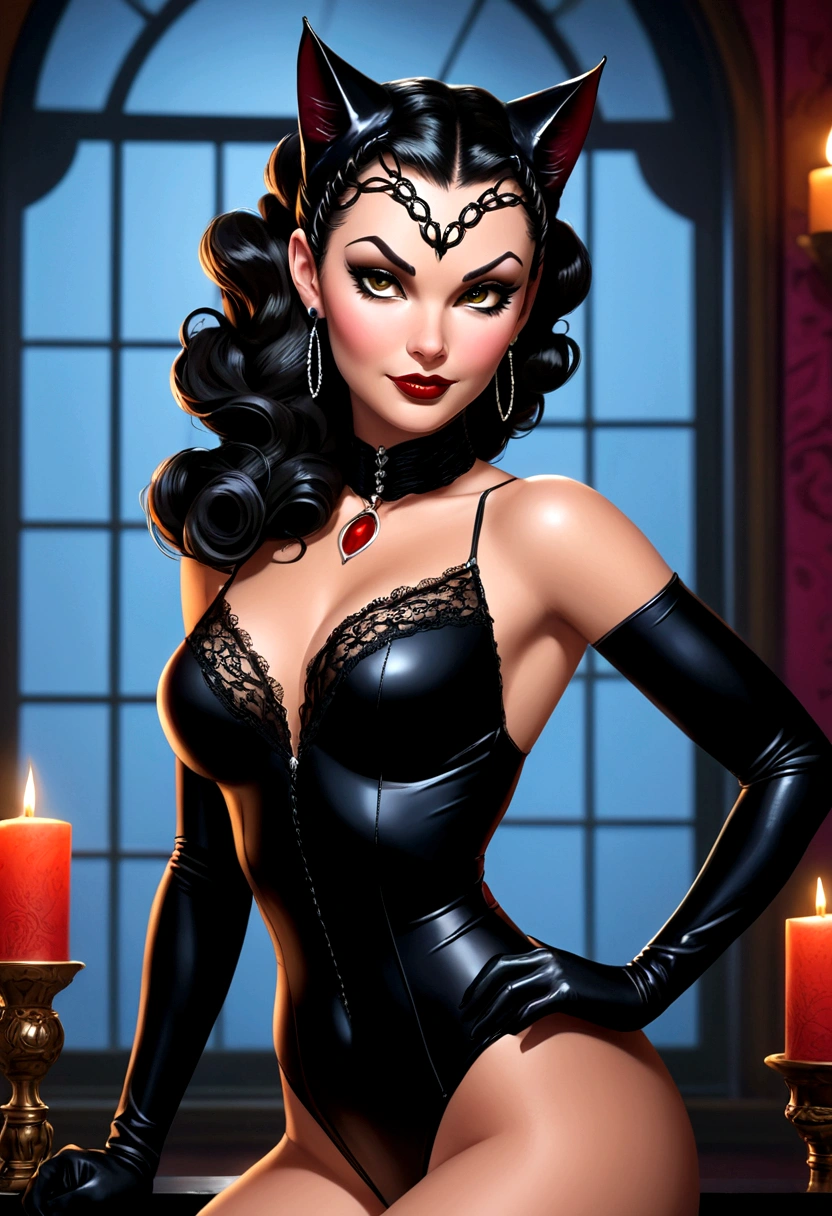 Full body shot Michelle Monahan catwoman, ringlets wavy five feet long black hair, updo hairstyle with ponytail on one side and long hairpins holding the bun long braid, strong thighs, dark red glossy lips, heavy black eye shadow long black eyeliner, long sharp claws, black lace beautiful and creative catwoman bodysuit with no jewels, huge cleavage, clear ears no earrings, no earrings, no earrings, no earrings, no jewels, beautiful forehead lace ornament, posing in a feminine catwoman den, happy expression, dark ambience night time candle lights. No faces on her chest!