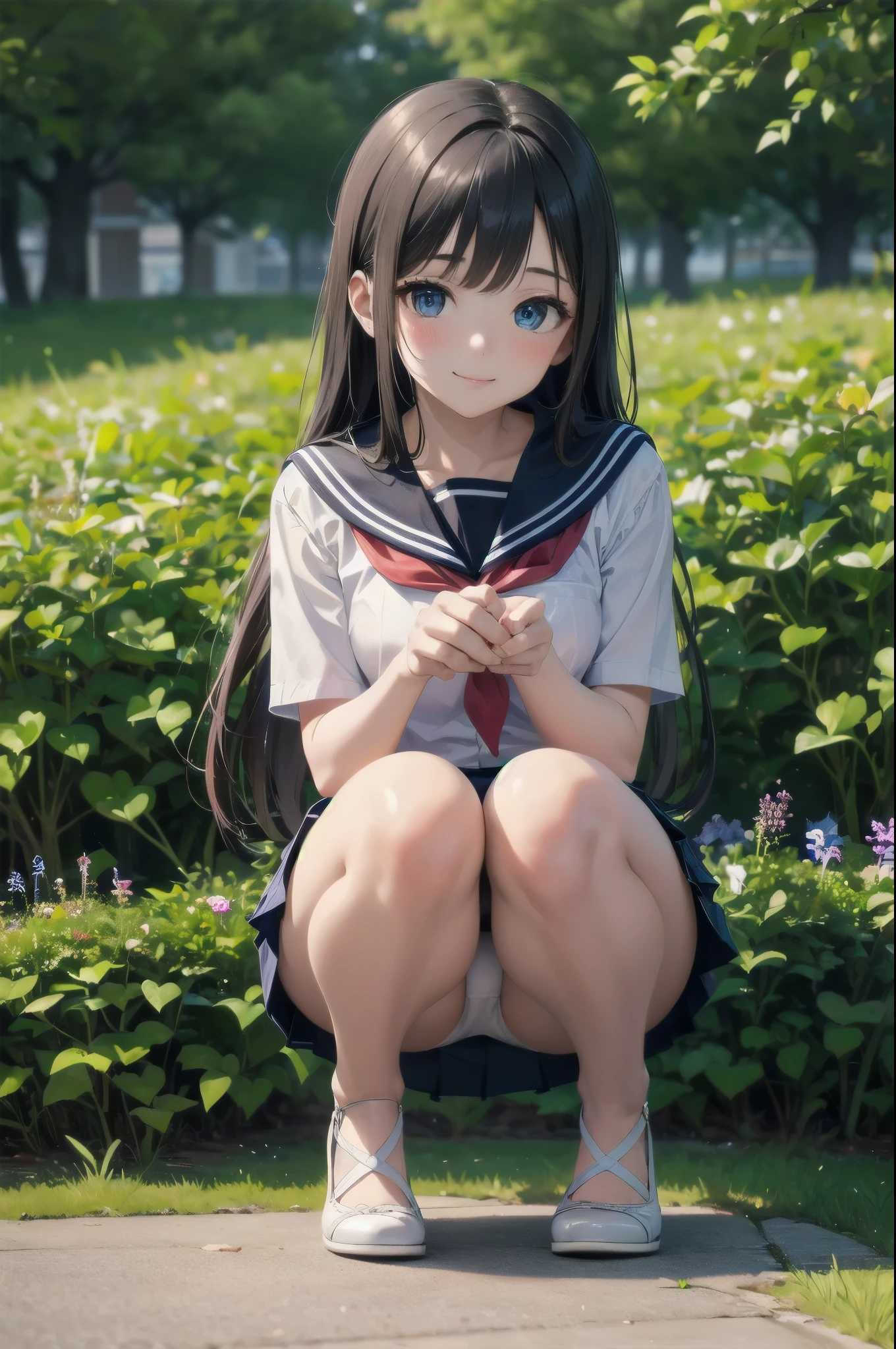 very cute and beautiful girl,(Very exquisite beautiful face and eyes:1.2),
(smile:1.15),blush,Black Hair,Sailor ,(Navy blue pleated mini skirt),
(From below),squat,White panties,
garden,grassland,Planting,
(Highest quality,masterpiece:1.2),Absurd,High resolution,Super detailed,Very detailed,32k,8K resolution,
Intricate details,Movie Scenes,Detailed Background,alone,Dynamic Angle,