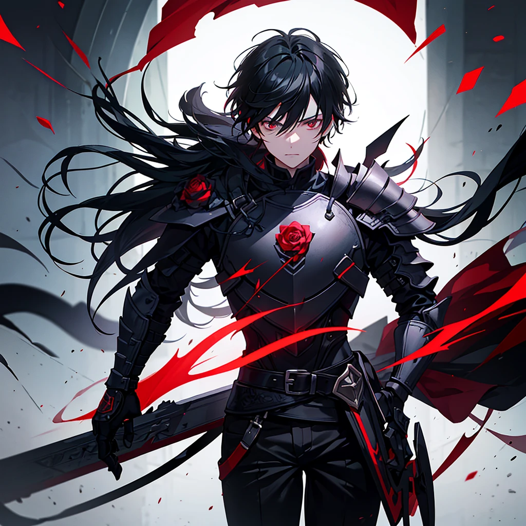 Black haired man with dark eyes and wearing black armor with red details with a black rose 