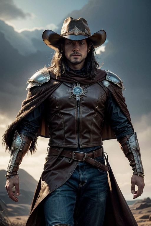 Cowboy with a futuristic armor, with a cape, cowboy hat with an eagle feather, dramatic lighting, epic, photorealistic, 8k, best quality, masterpiece.