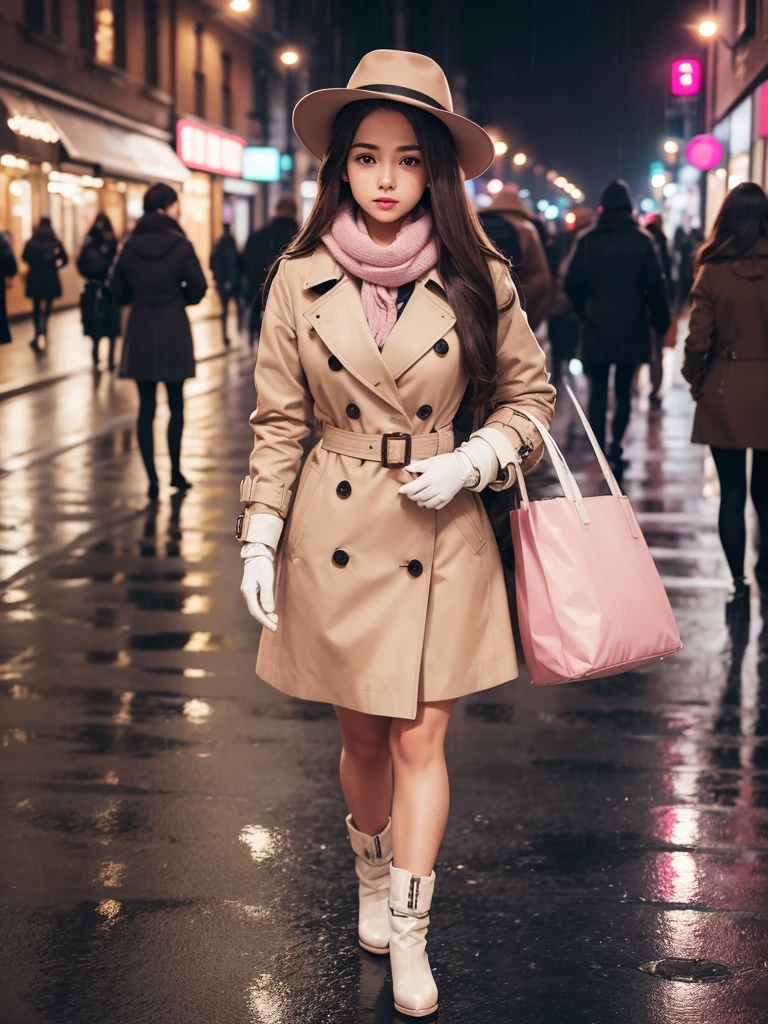 1girl with long brown hair wearing a fully buttoned up and belted buckle beige trench coat with a large pink winter wool scarf and white gloves carrying her large purse at the hard rainy night city street full body 8k