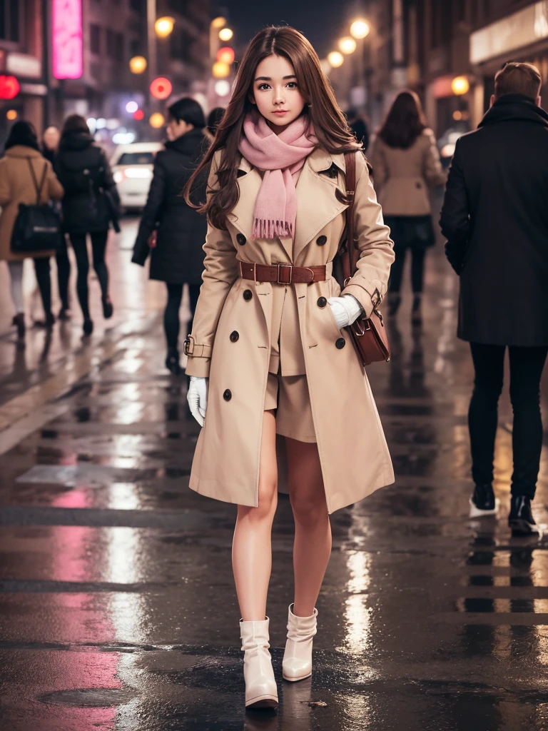 1girl with long brown hair wearing a fully buttoned up and belted buckle beige trench coat with a large pink winter wool scarf and white gloves carrying her large purse at the hard rainy night city street full body 8k