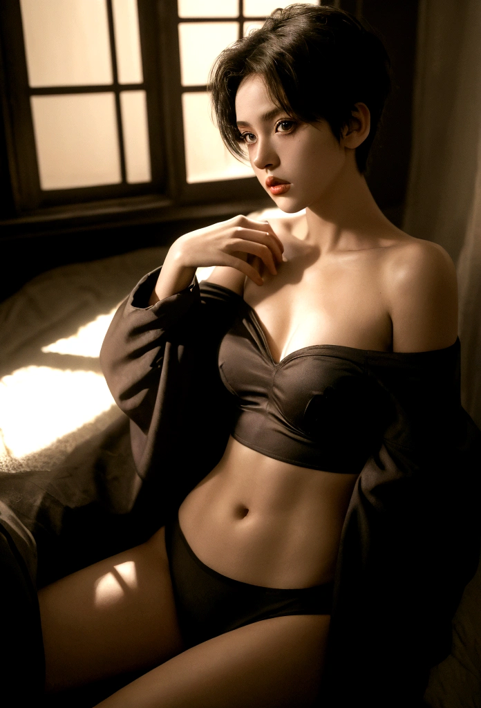 girl wearing off-the-shoulder underwear, short hair, sexy look, in dark environment, deep shadows, low key lighting, , (best quality, masterpiece, ultra-detailed, photorealistic:1.5, raw photo)