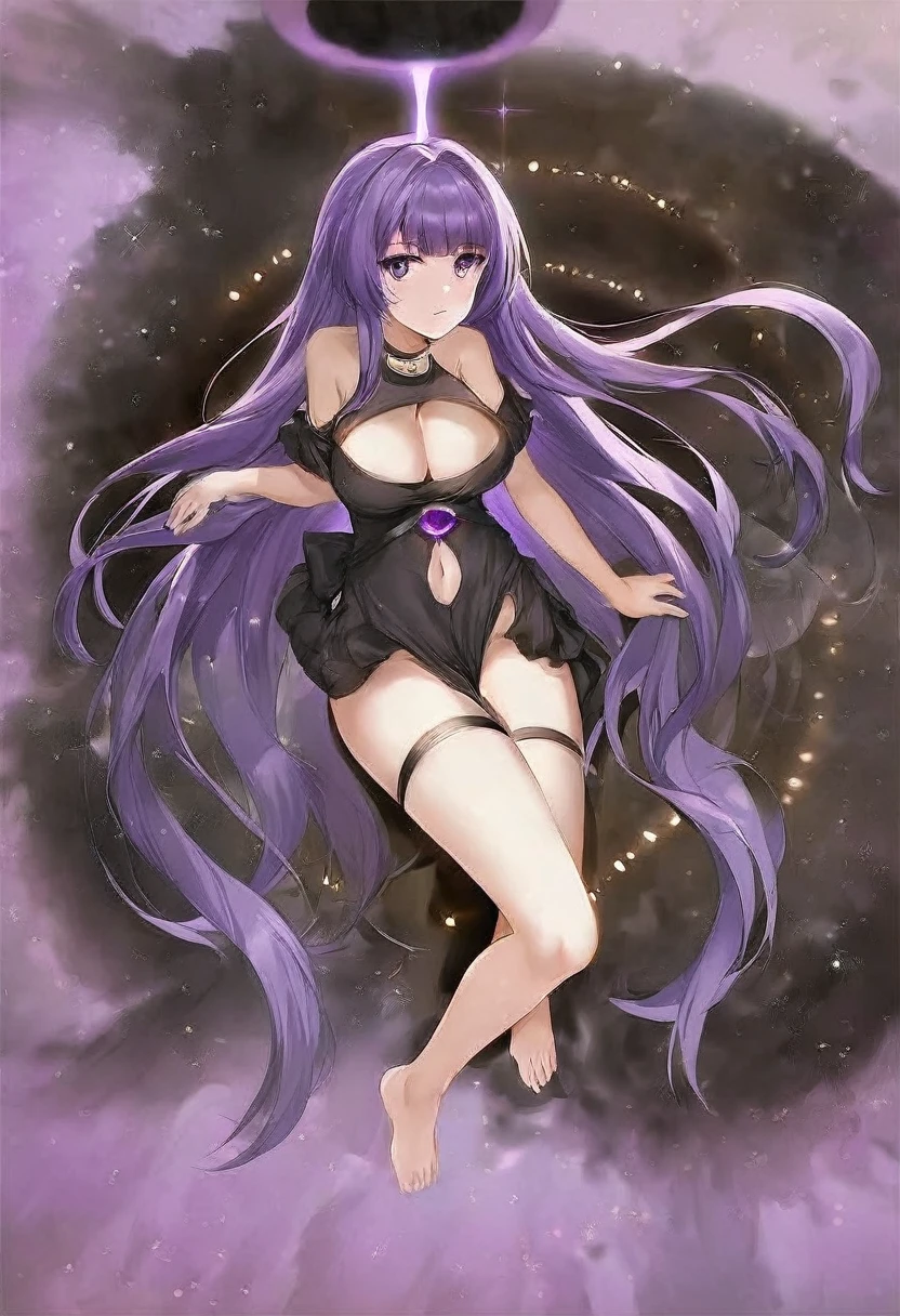 Athena，Purple one-way slightly messy long hair，Purple Eyes，Black one-piece dress，But the one-piece dress is very sexy and revealing，barefoot，A black hole in the universe，Purple and black black hole，Draw a good look，The facial features should be normal，Normal body proportions