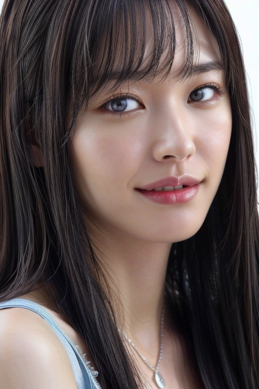 (realistic, photo-realistic:1.4), (masterpiece, best quality:1.2), RAW photo, high resolution, intricate details, extremely detailed, realistic and sharp details, cinematic lighting, portrait, (bust shot, midriff:1.5), frontal photography, solo, 1girl, a Japanese woman, dark hair, slender body, (smaller face), detailed face, detailed eyes, sophisticated nose, pale skin, collarbone, necklace, jewelry, (medium breasts, cleavage), cheerful grin, (tiny lingerie, black bra, thin strap, sleeveless), photo background, indoors,,,[Yui Aragaki,Actress]