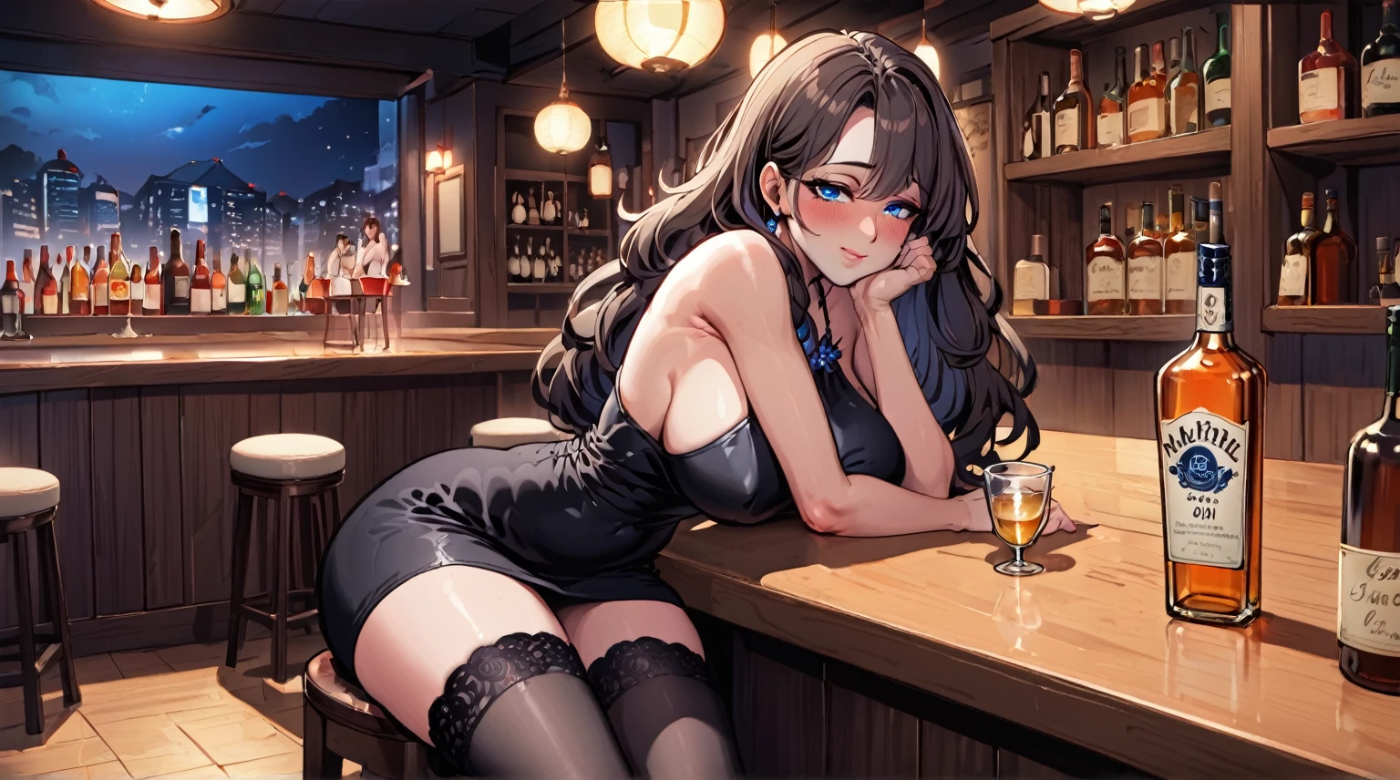 best quality, 4k, high resolution, Masterpiece: 1.2, extremely detailed), sad expression looking at camera, big breasts, 40 year old girl, solo, brunette, fluffy long hair, blue eyes, (drunk, blushing), (sitting, drinking), ((mature sexy body)), black stockings, black off-shoulder dress, holding a glass, counter, bar, (fashionable bar) interior, ((cocktail glass) filled with colorful liquor), (dimly lit room), wine bottle, detailed background, (((night background)))), (((in the bar))), wine, whiskey, highball, (shiny light, effects: 1.2)