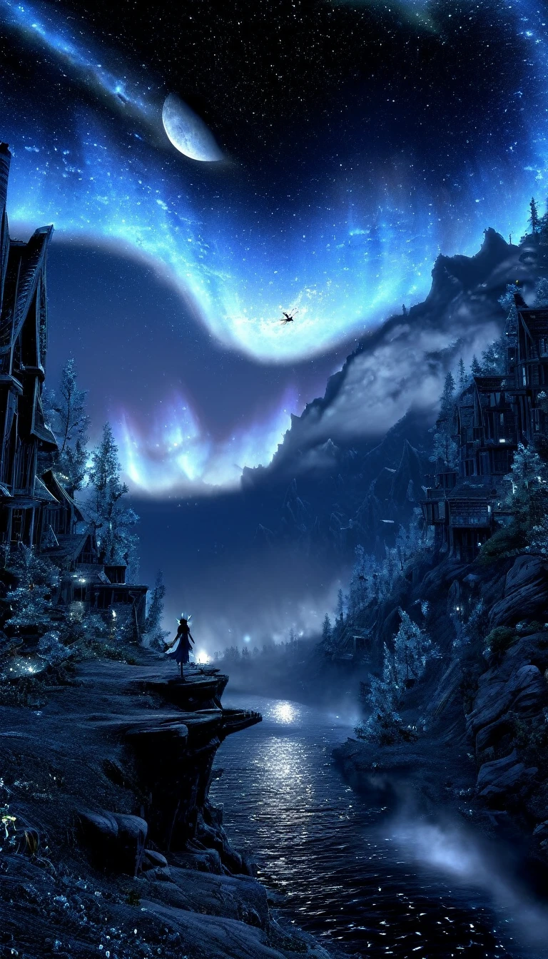 (masterpiece), (Highest quality), (High resolution),Dutch Angle,hyper detailed, alone, detailed_background, landscape,  Fantasy Style、midnight、There is a galaxy、I can see a shooting star、Fantastic sky、A big moon rises、There are crystals around、Fairies are flying