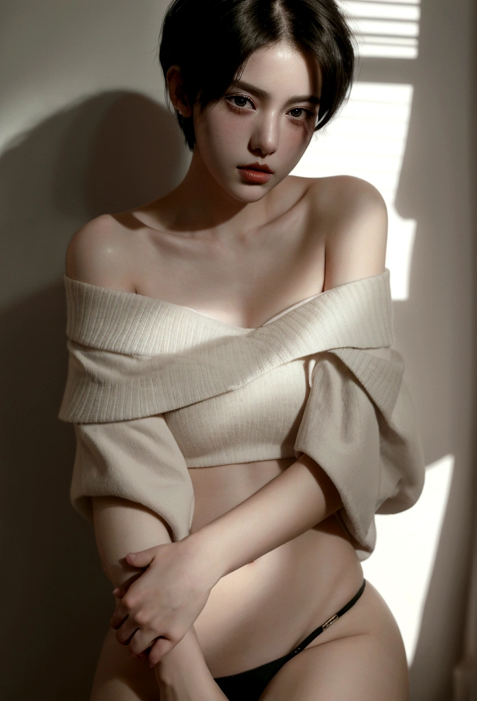 girl wearing off-the-shoulder underwear, short hair, y look, in dark environment, deep shadows, low key lighting, , (best quality, masterpiece, ultra-detailed, photorealistic:1.5, raw photo)