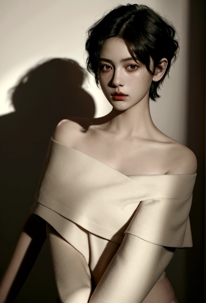 girl wearing off-the-shoulder underwear, short hair, sexy look, in dark environment, deep shadows, low key lighting, , (best quality, masterpiece, ultra-detailed, photorealistic:1.5, raw photo)
