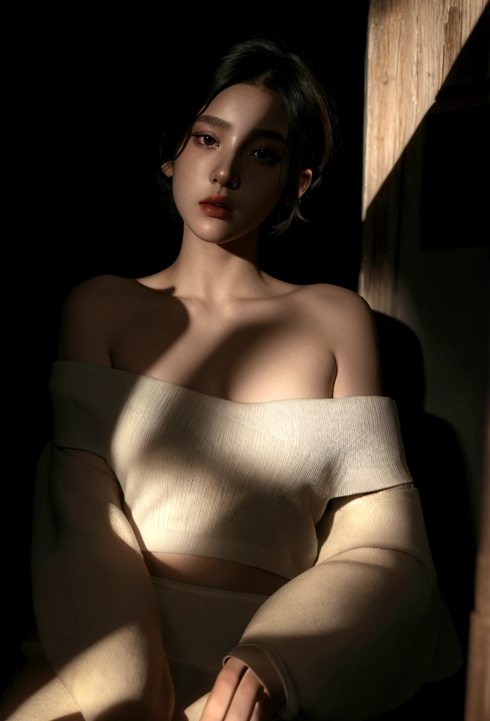 girl wearing off-the-shoulder underwear, short hair, sexy look, in dark environment, deep shadows, low key lighting, , (best quality, masterpiece, ultra-detailed, photorealistic:1.5, raw photo)