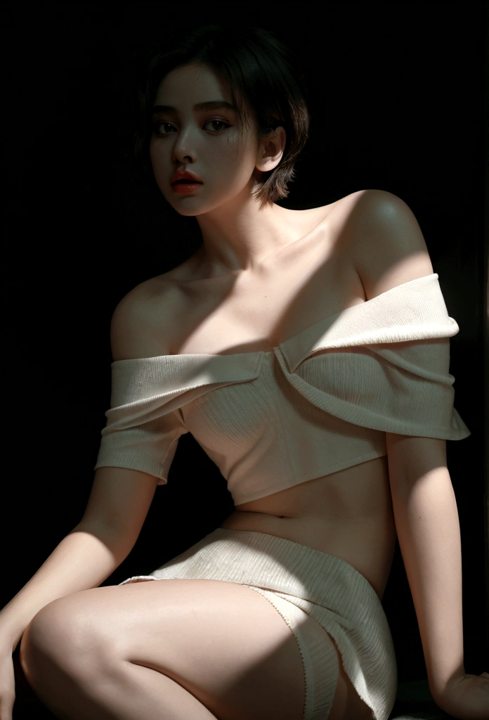 girl wearing off-the-shoulder underwear, short hair, sexy look, in dark environment, deep shadows, low key lighting, , (best quality, masterpiece, ultra-detailed, photorealistic:1.5, raw photo)