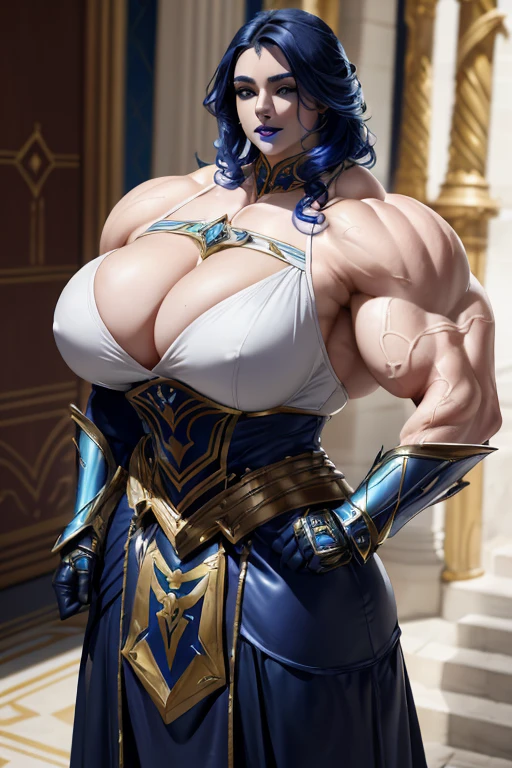 (((Massive beautiful, buff, pale white skinned muscular paladin woman with royal blue hair, black lipstick, ginormous bulky muscles and wearing full gleaming royal blue paladin knight armored with a long tiered skirt))), (close view), large breast, (massive muscles), massive biceps, hyper muscle shoulders, hyper muscle triceps, (long wavy curly hair), white eyes, (Paladin boots), (metal armor), breastplate, gauntlets, (Shoulder armor), closed smile, (in a castle in heaven), Vascular arms, hyper muscles arms, hyper muscle legs, massive arms.