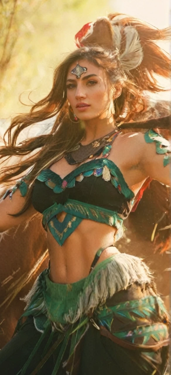 beautiful ohwxvj woman,brown eyes,long brown hair,perfect lips,head and shoulders portrait,hyperdetailed photography,4k textures,8k,looking at viewer,hills,walking with a pretty horse,several horses following ohwxj woman,rancher clothing,smug,realistic, indiana skin
