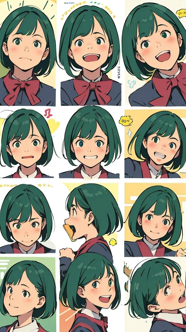 Green Hair、girl、uniform、Naivety、fine、Streamlined Design, Clear lines, High Sharpness、smile、Laugh with your mouth open、Facial expression patterns、Surprise face
