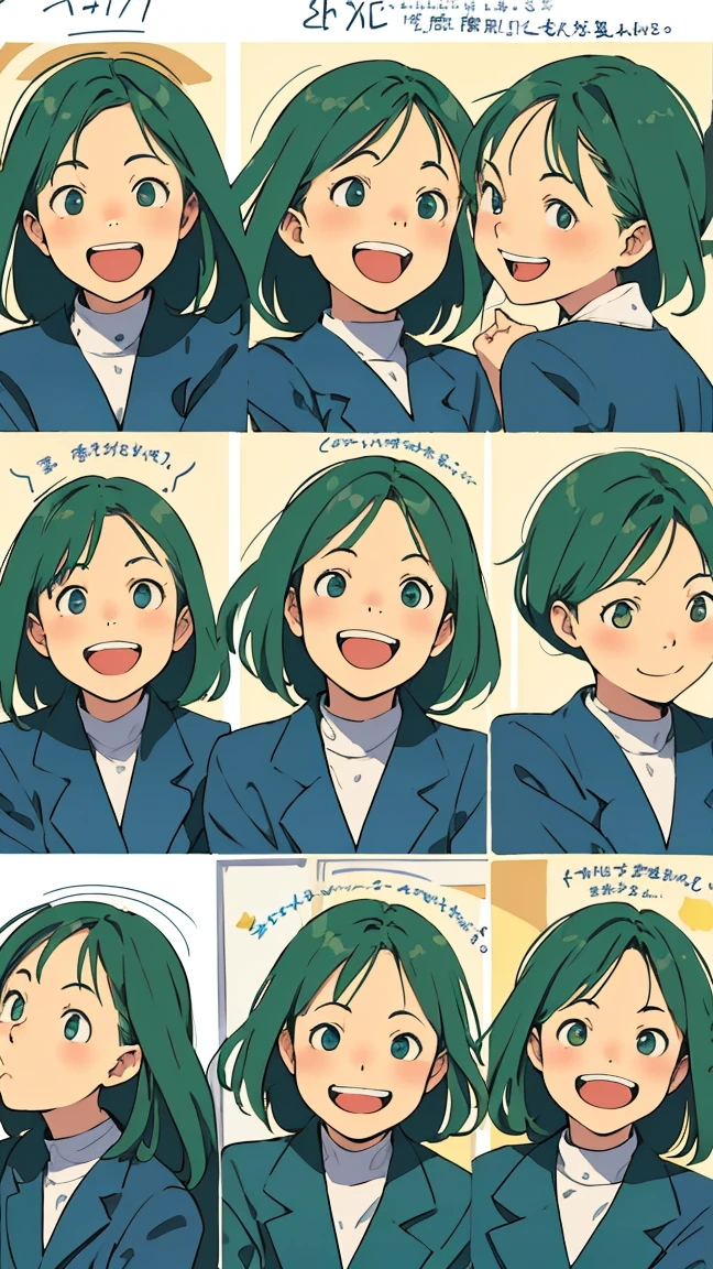 Green Hair、girl、uniform、Naivety、fine、Streamlined Design, Clear lines, High Sharpness、smile、Laugh with your mouth open、Facial expression patterns、Surprise face
