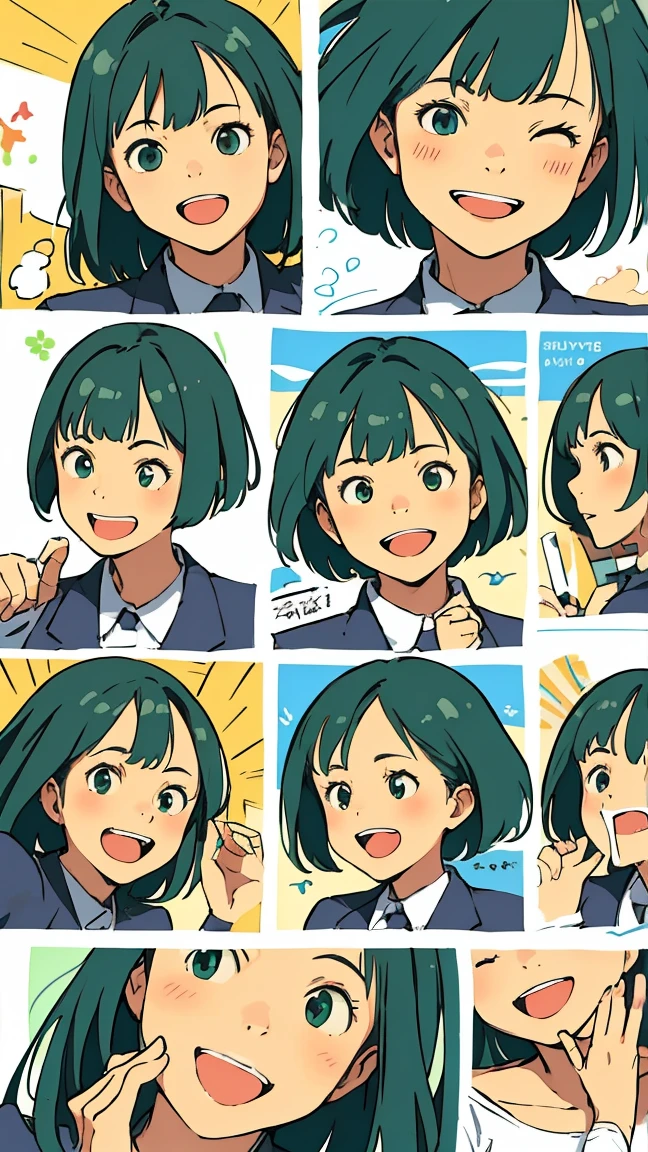 Green Hair、girl、uniform、Naivety、fine、Streamlined Design, Clear lines, High Sharpness、smile、Laugh with your mouth open、Facial expression patterns、Surprise face