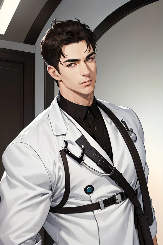 (absurdres, highres, ultra detailed, realistic, ), 1 male, solo, adult, mature, tall muscular guy, broad shoulders, handsome, very short hair, black hair, brown eyes, angular jaw, thick neck, thick eyebrows, hospital room, Doctor, white gown, white coat, upper body