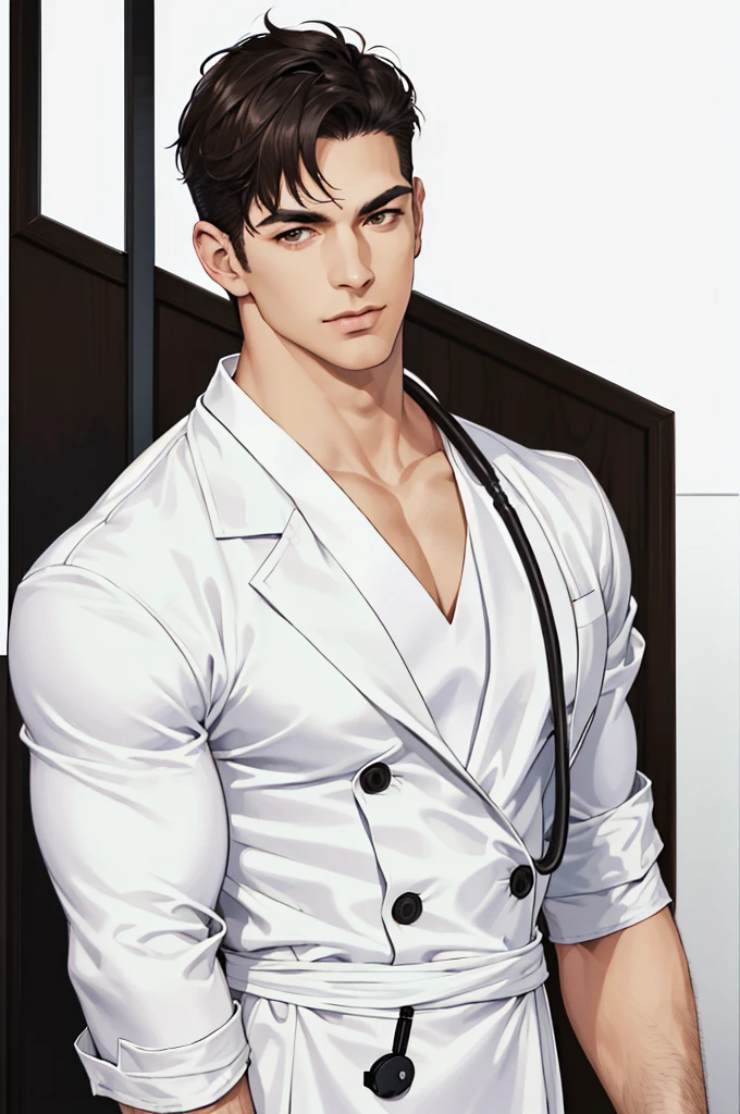 (absurdres, highres, ultra detailed, realistic, ), 1 male, solo, adult, mature, tall muscular guy, broad shoulders, handsome, very short hair, black hair, brown eyes, angular jaw, thick neck, thick eyebrows, hospital room, Doctor, white gown, white coat, upper body