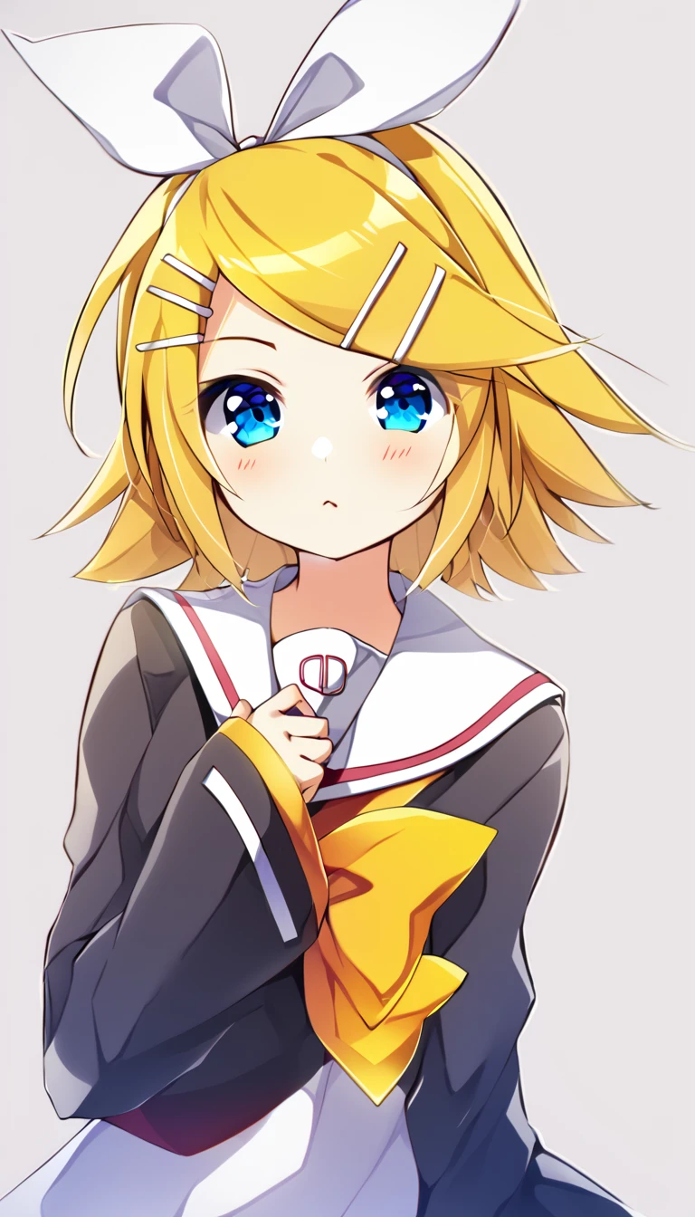 one girl, Kagamine Rin, Vocaloid, blue eyes, simple background, sailor collar, off shoulder, black sleeve, hair clip, hair bow, fourteen years old, cute