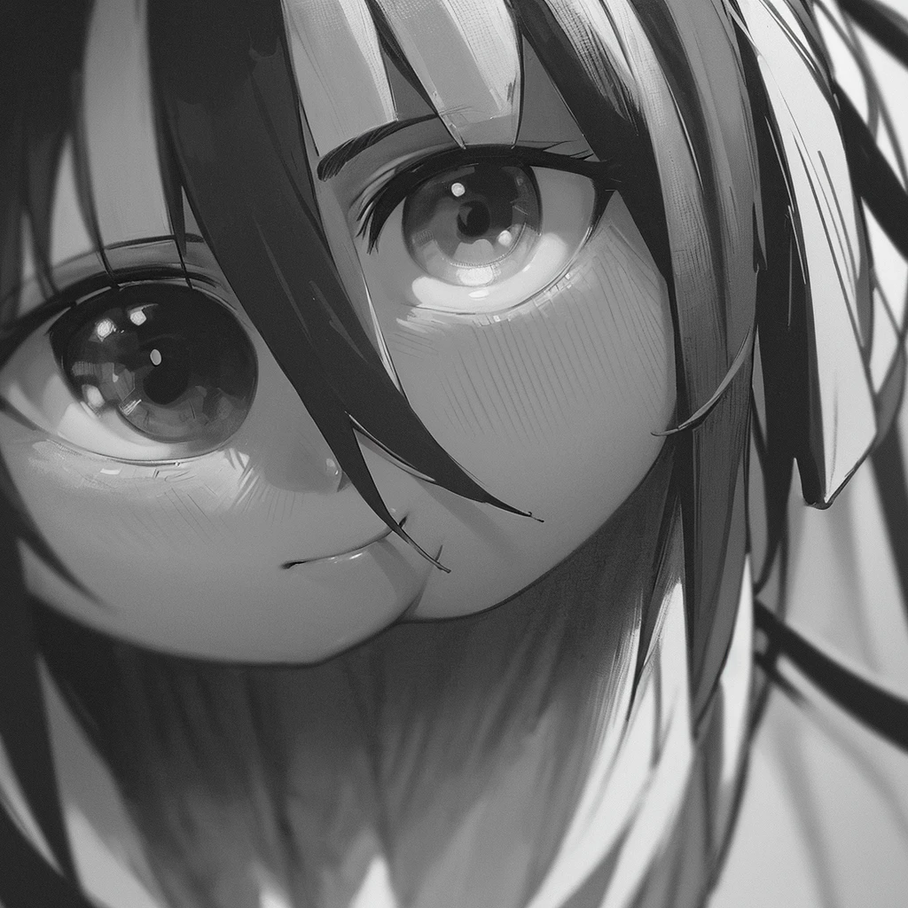 ((masterpiece:1.2, best quality)), (close-up:1.2), (head-shot:1.36), (from front, facing front:1.2), (black an white, monochrome coloring:1.2), 1girl, solo, mature girl, short hair, pink blush, smiling