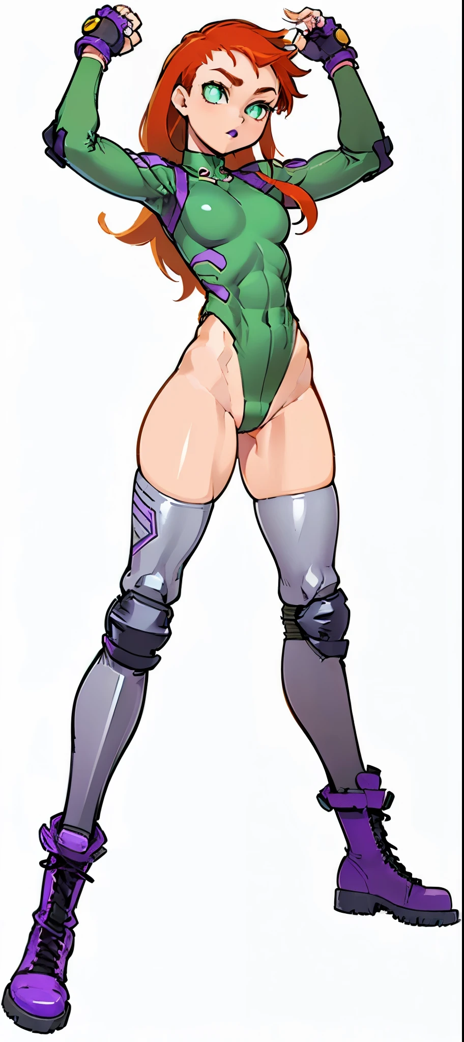 (My Hero Academia Style), ((((Kim Possible)))), ((Cartoon)), ((1girl)), (((Solo))), (((single Character))), (((Redhead))), (((long hair))), (((green eyes))), (((purple lips))), (((Green tight-fitting long-sleeved leotard))), (((Green tight-fitting leotard))), (((Long-sleeved tight-fitting leotard))), (((tight-fitting leotard))), (((Bare legs))), (((toned legs))), (((Wide thighs))), (((wide calves))), (((fingerless green gloves))), (((green gloves))), (((fingerless gloves))), (((slightly marked muscles))), (((medium breasts))), (((wide hips))), (((toned waist))), (((toned abdomen))), (((Abs))), (((purple knee-high combat boots with metallic toe))), (((purple knee-high boots))), (((knee-high combat boots with metal toe))), (((purple combat boots with metal toe))), (((purple combat boots))), (((combat boots with metal toe))), (((purple boots))), (((boots combat knee-length))), (((Silver metal knee pads))), (((metal knee pads))), (((silver knee pads))), ((((knee pads)))), (((Full body photo:1.5))), (((perfect anatomy))), (((perfect hands))), (((perfect face))), (((super detailed))), (((cowboy bull:1.5))),