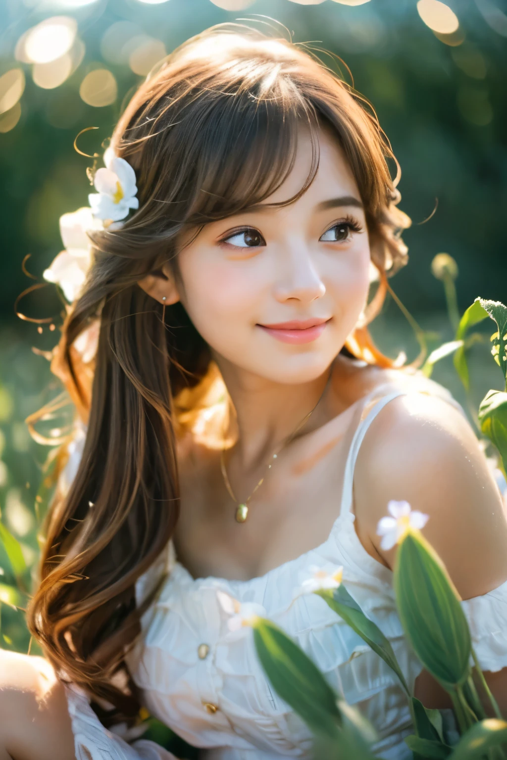 Cute Chibi Girl、smile、In the corn field、Very detailed、Ultra-realistic、Photorealistic、8K、Hyperrealistic、masterpiece、Beautiful detailed eyes、Beautiful detailed lips、Very detailedな顔、Long eyelashes、Beautiful young girl、Calm expression、sitting in a cornfield、Golden light、Warm colors、Beautiful lighting、Cinematic、Intricate details、Bright colors、natural environment、Lush vegetation、Soft Focus、Depth of written boundary