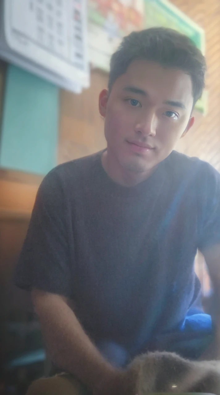 Beautiful Japanese man, double brown hair, tall nose, small eye color, brown
