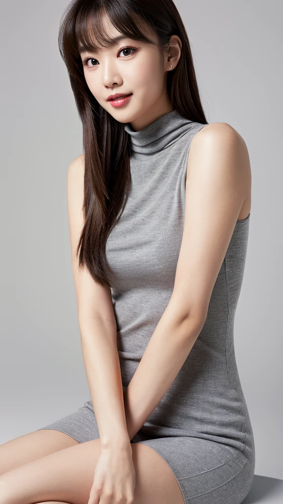 Normal chest,(between legs),cute,(Detailed face),Grey sleeveless turtleneck dress,4K,Ultra-high resolution,(Photorealistic:1.7),Black long hair,White background,