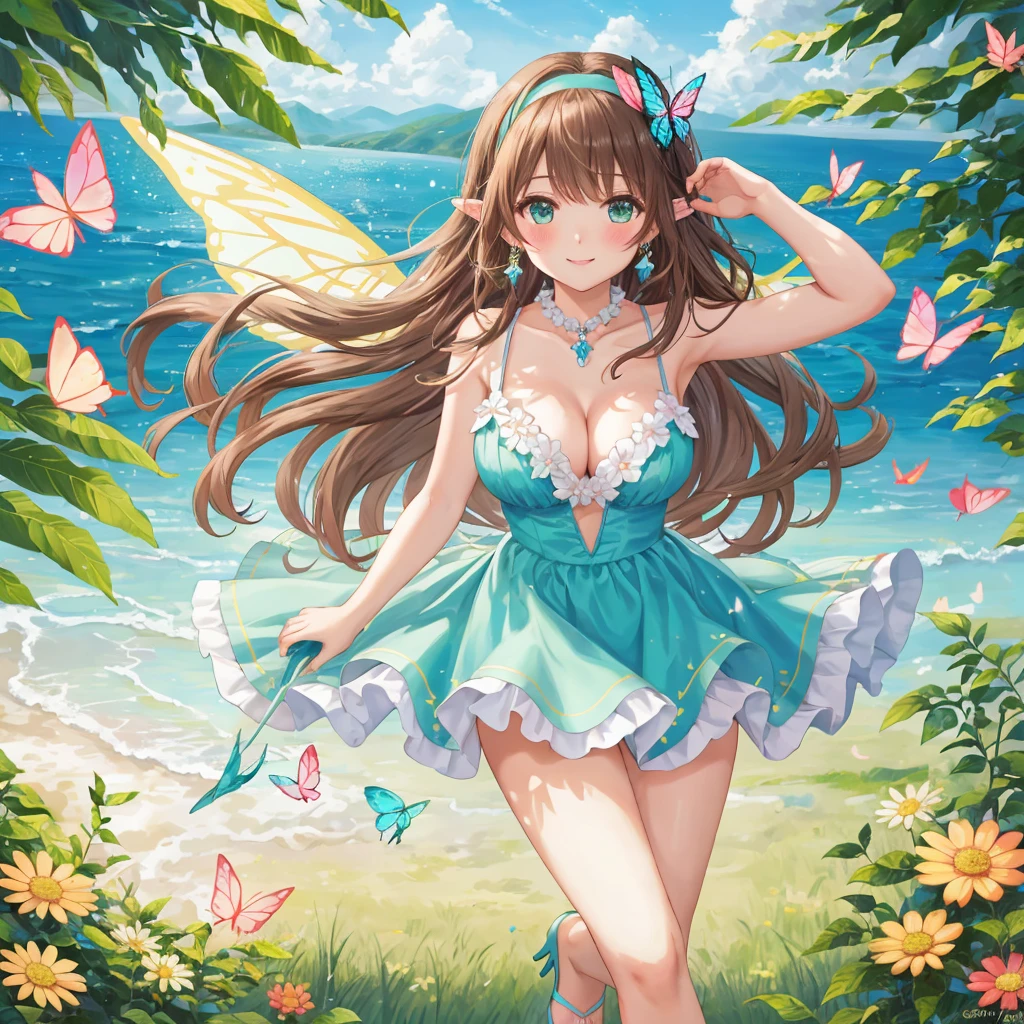 1 beautiful girl 20 years old, anime girl, walking in a field of flowers, blue sky with white clouds, artistic fairy costume green mini dress, low-cut and sleeveless dress, crystal high heels, defined hands and legs, full body, looks like a sexy model, a pair of translucent wings, butterflies around, big round breasts, glossy lips, cleavage, high heels, brown hair, hair over shoulder, wavy hair, asymmetrical bangs, hair one side up, expressive hair, hair behind ear, hairband, leaf hair ornament, aqua eyes, pupils sparkling, crystal earrings, pointy ears, smile, blush, fingersmile, seductive smile, naughty face, Color Field painting, high detail, anime, dithering, image fill, first-person view, wide shot, from above, perspective, Wide-Angle, f/1.8, 85mm, Canon, 8k, super detail, UHD, anatomically correct, masterpiece, high quality