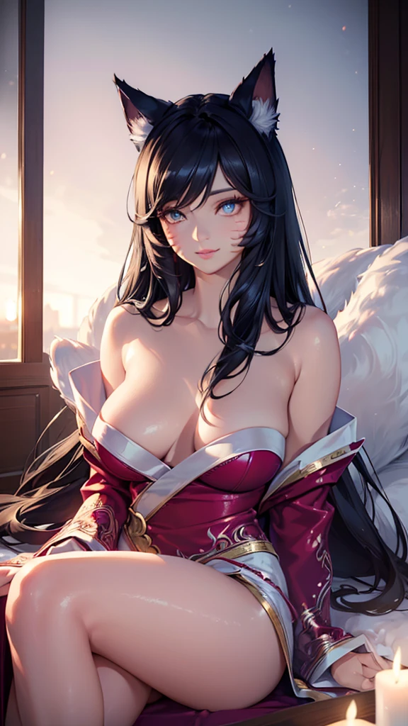 (best quality,ultra-detailed,realistic:1.37),Ahri,spa,luxurious,relaxing atmosphere,beautiful detailed eyes,beautiful detailed lips,smiling,bathrobe,sitting upright,black hair,nine white tails,peaceful background,portraits,vivid colors,soft lighting,tranquil ambiance