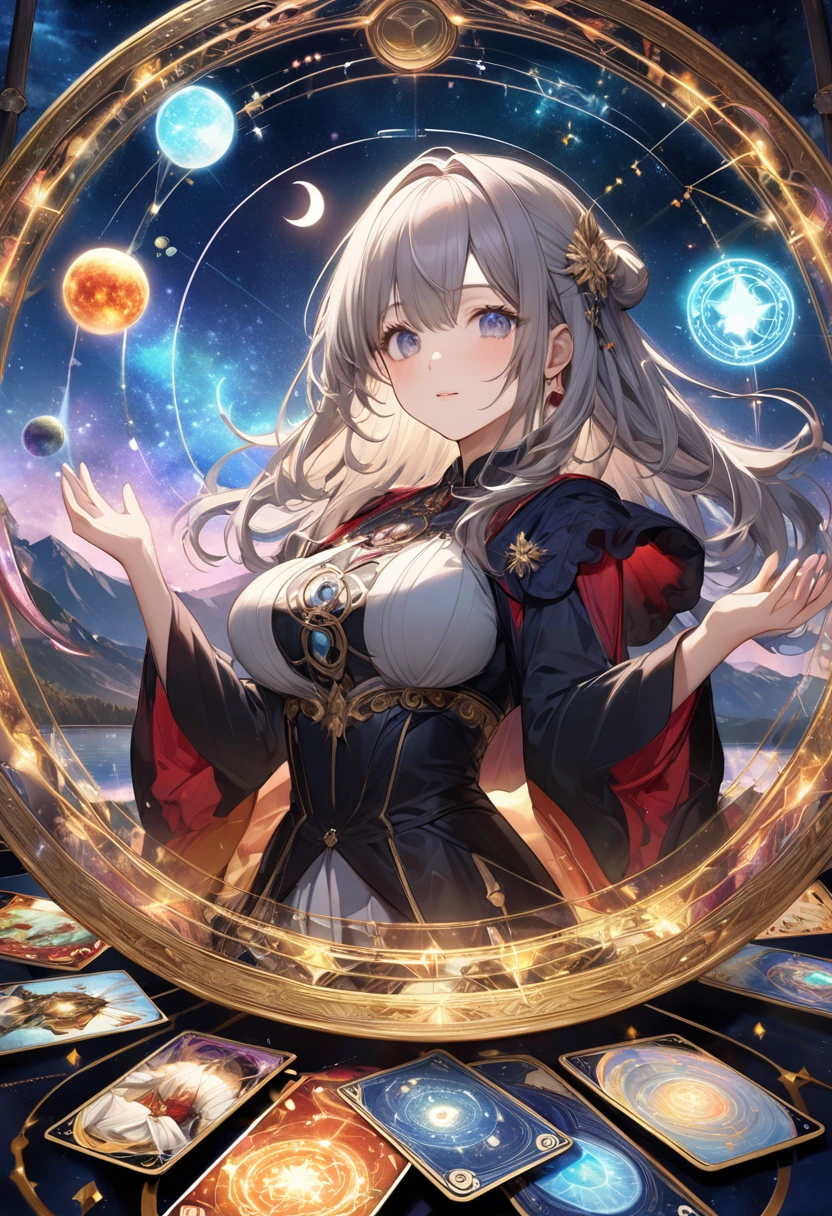 最Highest quality, Highest quality, 16K, Unbelievably absurd, Very detailed, 2.5D, delicate and dynamic, , formal, universe, Night Sky, Crescent Moon, constellation, Gorgeous nebula, meteor, lake, lake面に月が映る, Tarot Cards, Giant magic circle, A complex magic circle, Colorful magic circle, Small face, Very delicate facial expressions, Delicate eye depiction, Upper body close-up, erotic, One sexy woman, Healthy body shape, 25-year-old woman, Cool woman, Height: 170cm, huge bouncing busts, astrologer, Horoscope, Tarot Cards, Calm expression, A complex magician&#39;s outfit, Magician&#39;s outfit in chic colors, garter belt, Fishnet tights, Magician&#39;s Shoes, Fortune telling, Declare, Deal cards, Scatter the cards