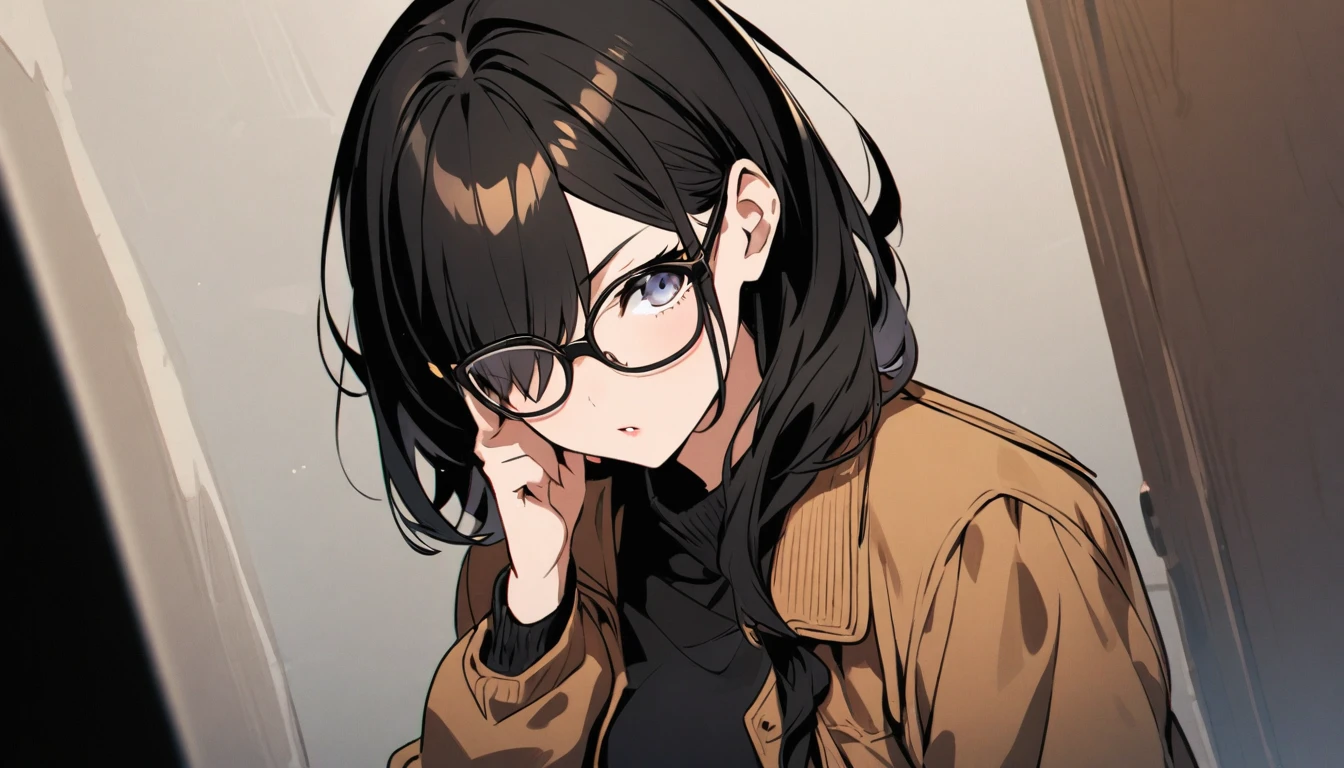 diagonal, bright、Glasses、woman、Jacket、Hiding one eye、stylish