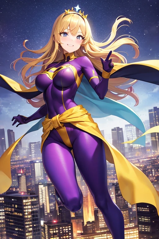 ((best quality)), ((masterpiece)), (detailed), 1 girl, Full body, 19 years old, Smiling face, Blue eyes, Star-shaped tiara, Arms outstretched, Arms behind waist, Eye mask, Blue superhero mask, Blushing, Blonde hair, Straight hair, Long hair, Bangs, 2 star clips on the sides of hair, Full body, Medium breasts, Slim body, Hands with yellow stars, Yellow wristbands, Long yellow gloves, Purple gloves, Superhero costume, Superheroes, Yellow leotard suit, With a big yellow star in the center, Star emblem, Somewhat tight, Long yellow cape on waist, Red belt, Purple legs, Purple pantyhose, Purple boots, Flying, City background, Anime