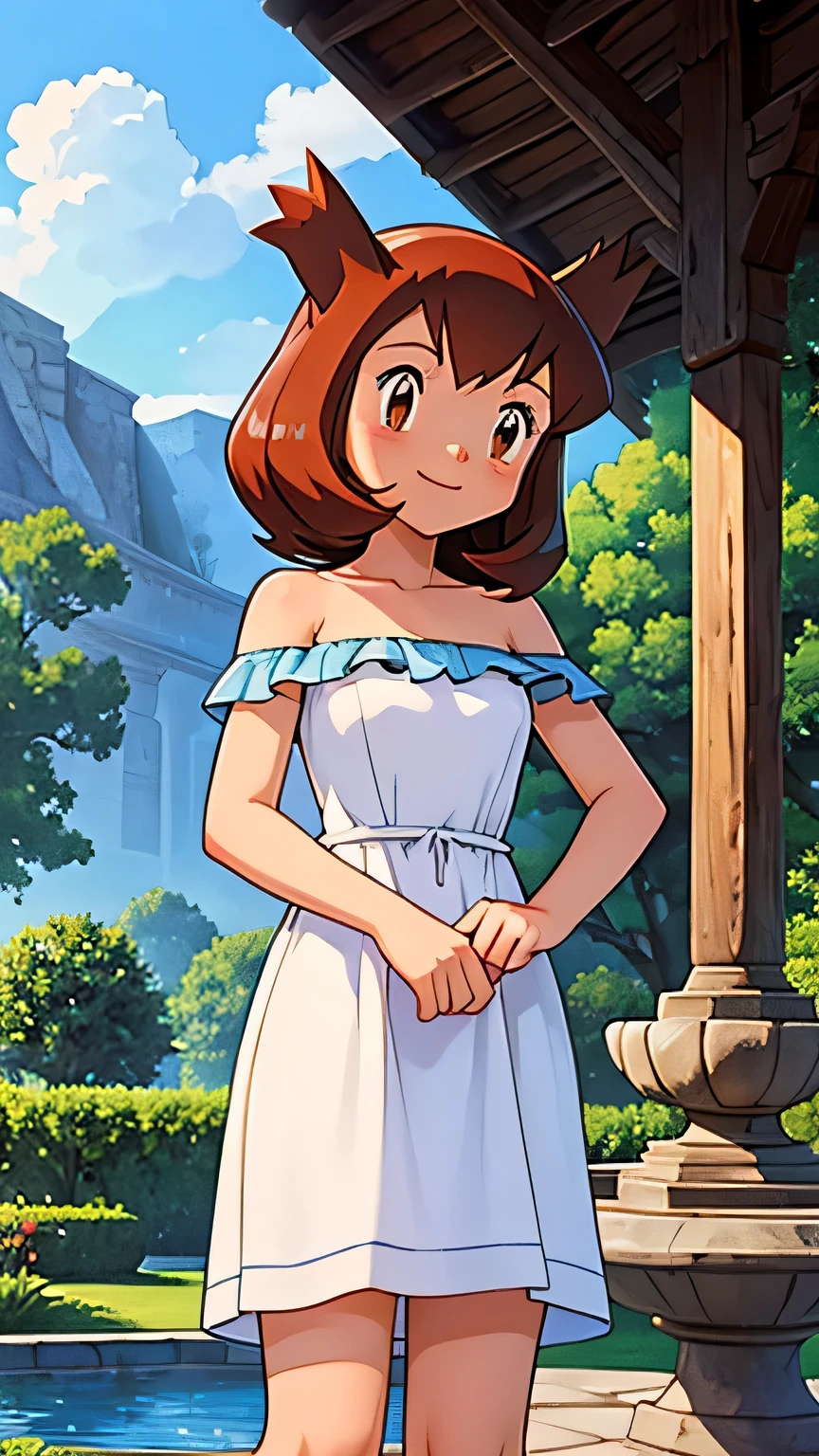 masterpiece, best quality, ultra-detailed, illustration, beautiful detailed eyes, very detailed illustration, cinematic lighting, 1 girl, solo, Pokemon Heroes (Bianca), Brown Hair, brown eyes, 1 girl, solo, Good hands are down, Smile, Blushing, Bare Neck, Bare Shoulders, strapless, White maxi summer dress. Standing up. Cowboy shot. A landscape of blue skies, a mountain, a mansion, an garden maze, a water fountain