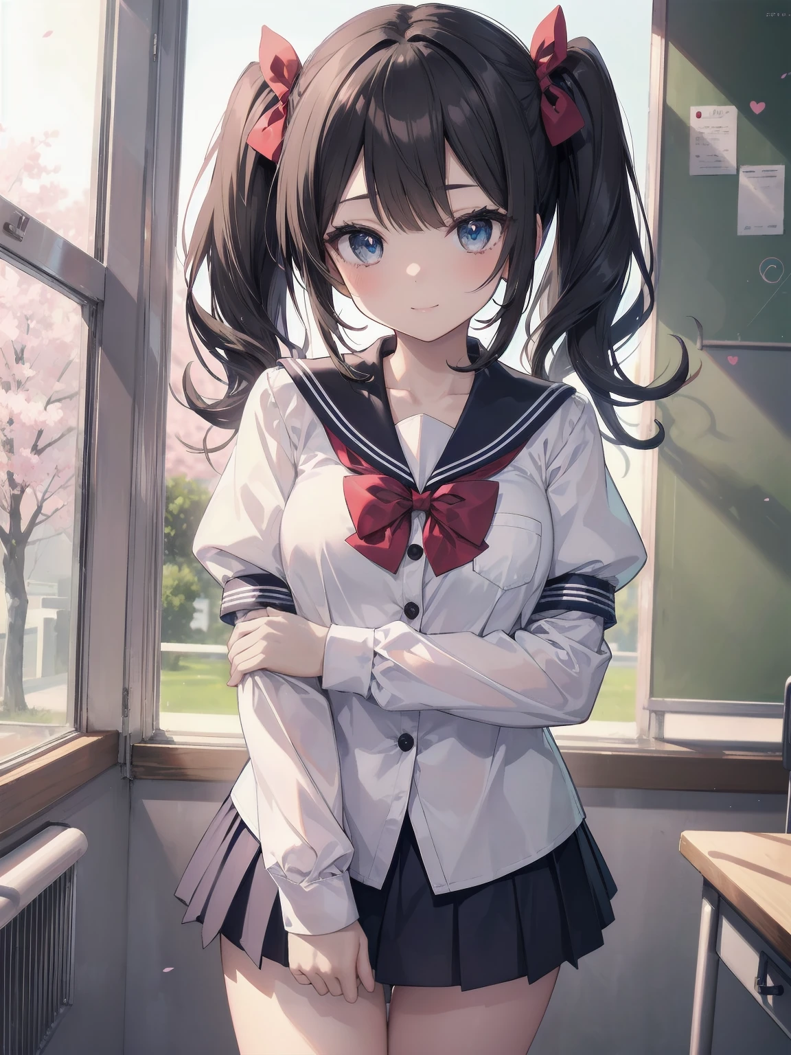 (Masterpiece: 1.2), (Top Quality: 1.2), Best Resolution, Very Detailed. BREAK. ((anime girl in cute school uniform)), clear girl, (1, vigorous, 16yrs: 1.3), bright smile, cheerful girl, twin tails with ribbon, sparkling eyes, slender body, (best quality: 1.2), very high res, very detailed. Expressive eyes, beautifully detailed lips, high resolution detailed hair, perfect face, smooth skin, delicate hands, perfect lighting. BREAK. ((lovely sailor uniform with heart-shaped buttons)), ((white blouse with puffy sleeves, blue collar, red bow tie: 1.3)), pleated skirt, knee high socks, mary jane shoes. BREAK. (high school classroom), desk, blackboard, school supplies, cherry blossoms outside window, soft sunlight, (composition of cowboy shot: 1.2)). BREAK. ((positive: 1.3)).BREAK. digital animation art, cute cartoon style illustration.