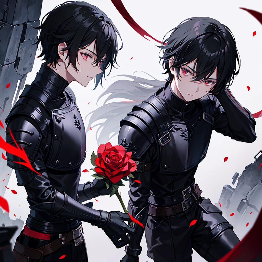 Black haired man with dark eyes and wearing black armor with red details with a black rose