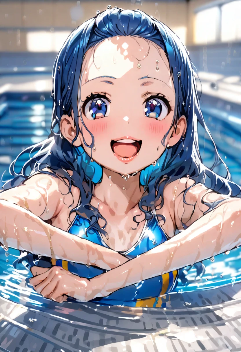 (Swimming Style, ), (Wet Skin, solo:2, 15 yo forehead blue hair long hair cute girl, lovely blue eyes, cute open mouth, glossy lips, ecstasy smile), in a One piece swimsuit, break, in the School swimming pool, BREAK, perfect anatomy, masterpiece, best quality, 16k, beautiful detailed grow, daydreaming expression.