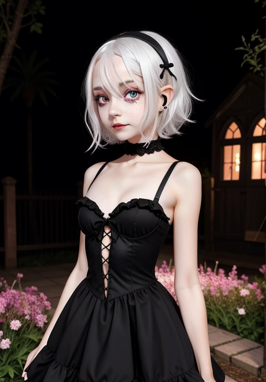 ,flat chested, flat stomach, tiny body, small stature, high quality image of an anime-style gothic girl, the girl has a very thin body, the girl has short legs, her face is sad, the girl has white skin, the girl has very small breasts, The girl is slightly blushing, the girl has little ears, the girl has white hair, the girl has short hair, the girl is posing sexy, the girl is wearing a black tight maid dress with pink ruffles, the girl's eyes are bright red, the girl has very marked black eyeliner, The background of the image is a night garden with luminous ghosts,