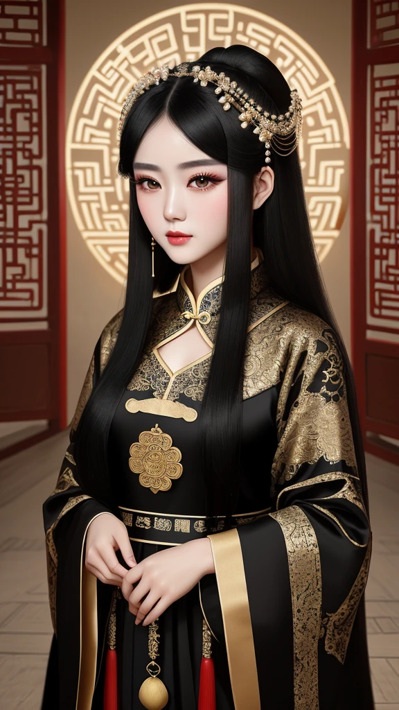 Masterpiece, teenage girl, long black hair, gorgeous face, black eyes, very fine eyes, highlight face and eyes, ancient cosmetic makeup, ancient Chinese dress, Chinese palace background, 30k, exquisite clothing details, high profile, perfect light, cinema light.